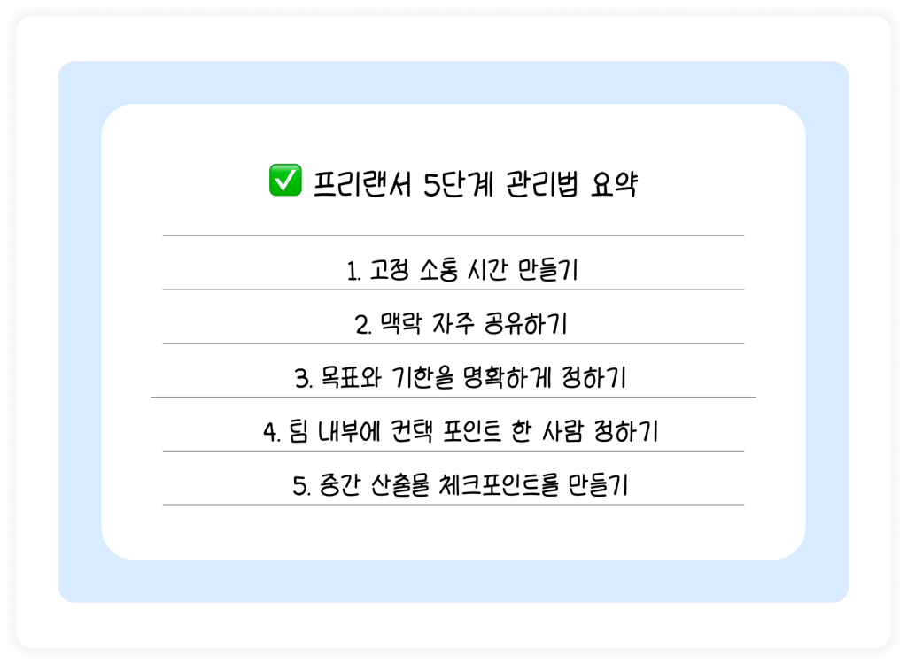 프리랜서와 일정이 자꾸 밀린다면? 일정 지연 80% 줄이는 5단계 프리랜서와 협업 시 일정 지연을 방지할 수 있는 5단계 관리법!