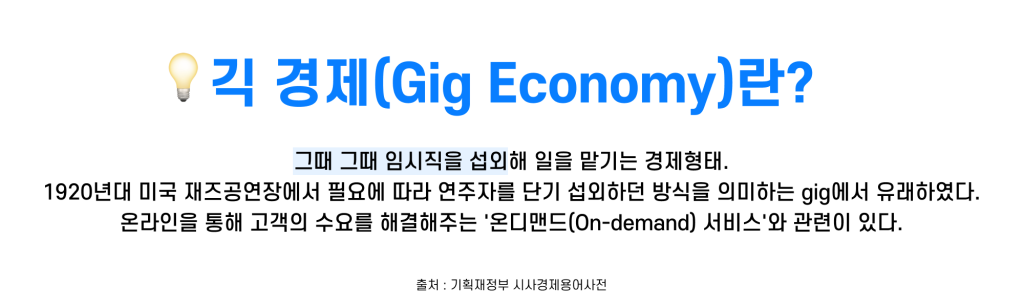 긱 경제(Gig Economy)란?
그때 그때 임시직을 섭외해 일을 맡기는 경제형태.
1920년대 미국 재즈공연장에서 필요에 따라 연주자를 단기 섭외하던 방식을 의미하는 gig에서 유래하였다.
온라인을 통해 고객의 수요를 해결해주는 '온디맨드(On-demand) 서비스'와 관련이 있다.