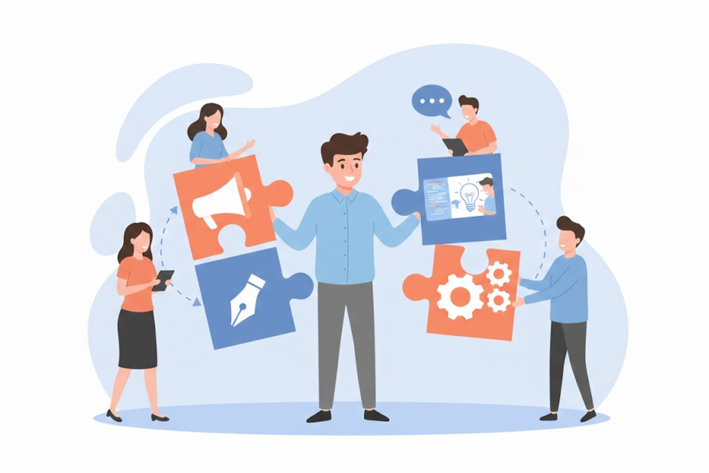 정규직 채용 대신 마케팅, 디자인 등 분야별 프리랜서 전문가를 필요한 만큼 파트타임으로 활용하여 업무 퍼즐을 완성하는 전략적 협업 구조 일러스트