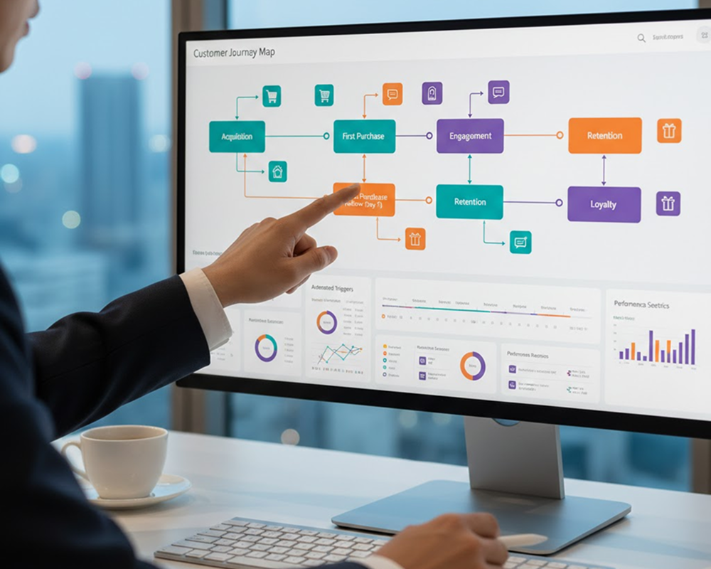 이커머스에서 고객 관계 관리(CRM) 시스템을 통해 재구매율을 높이는 과정을 보여주는 이미지. 깔끔한 사무실 배경에서 CRM 대시보드를 검토하는 비즈니스 전문가의 손이 강조됨.