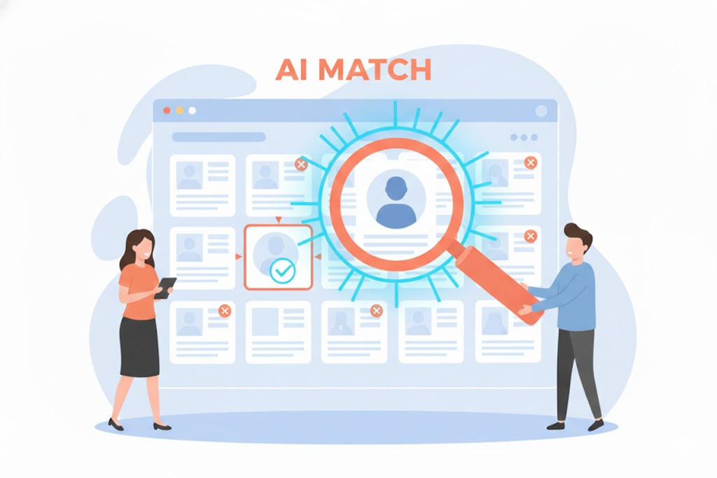 마케팅 프리랜서 플랫폼 원포인트의 AI 시스템이 상위 10% 검증된 탑티어 마케터를 브랜드와 최적으로 매칭해 주는 과정을 시각화한 이미지