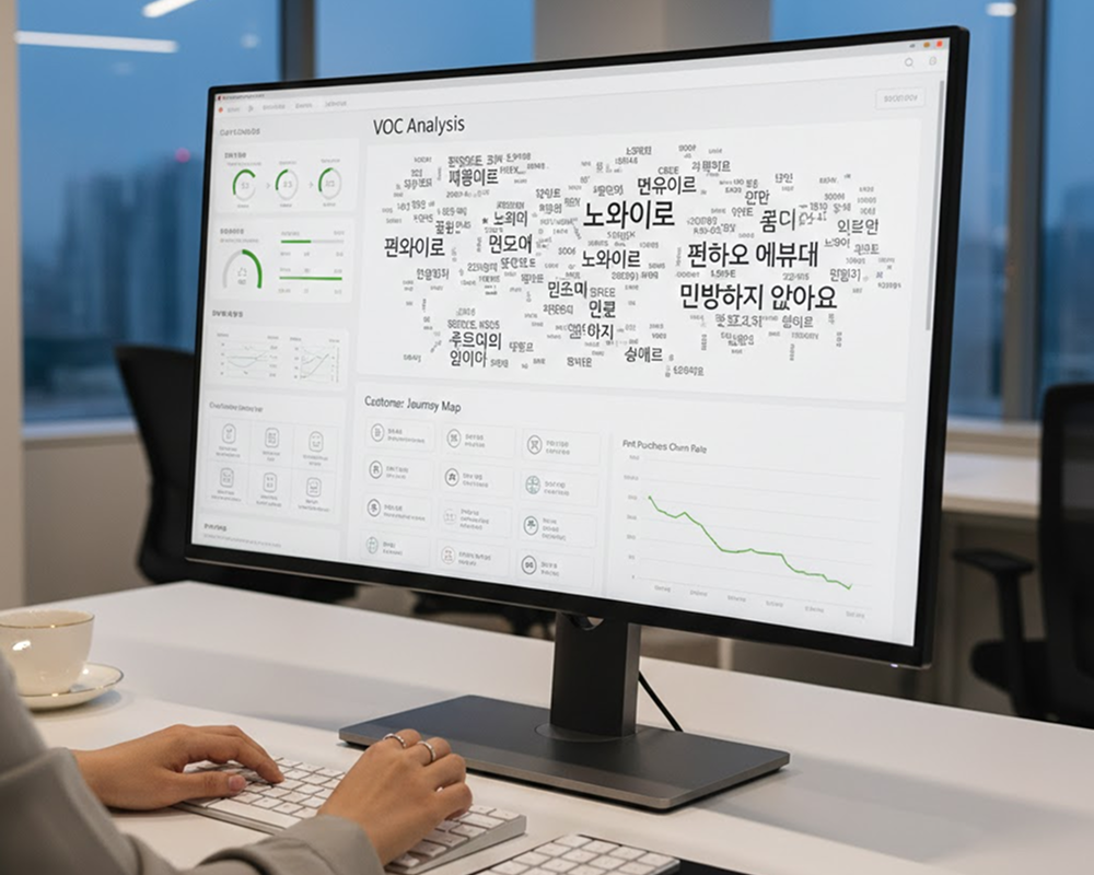 고객의 목소리(VOC) 데이터를 분석하여 이커머스 리텐션 마케팅 전략을 개선하는 모습을 표현한 이미지. 고객 피드백이 쌓여있는 디지털 인터페이스와 이를 분석하는 전문가의 손이 강조됨.