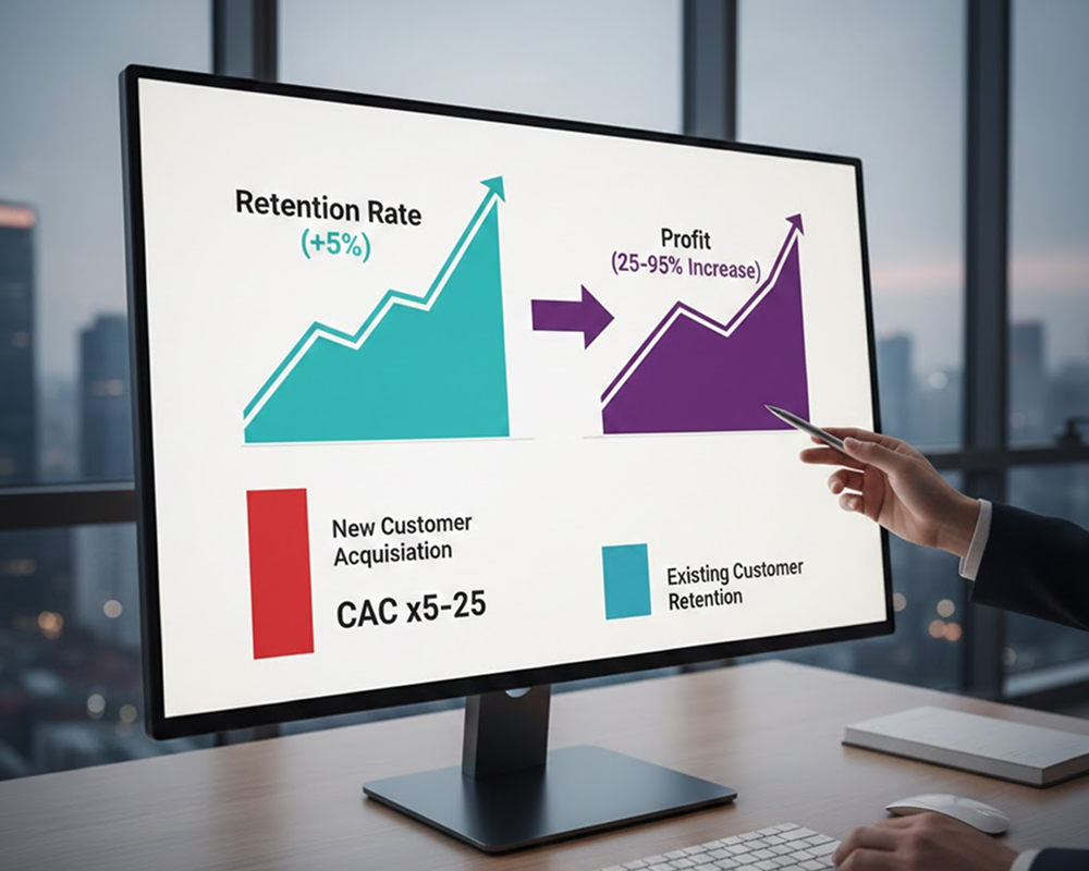 이커머스에서 고객 여정 단계별로 맞춤형 CRM 메시지를 통해 고객 유지율을 극대화하는 전략을 시각적으로 보여주는 이미지. 구매 후부터 재구매까지의 고객 여정을 다채롭게 표현함.