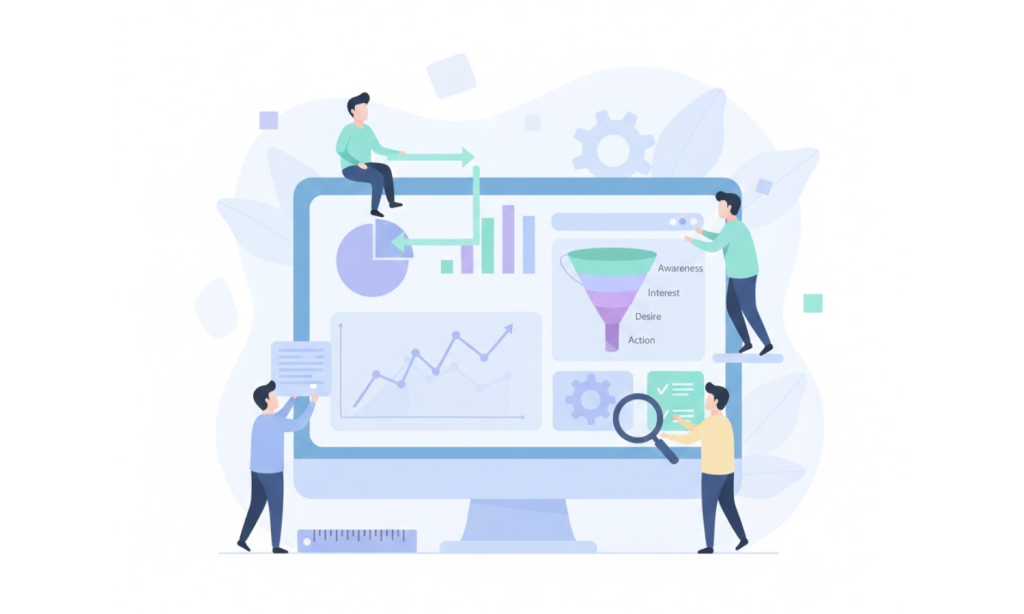 이커머스 성과 분석을 위해 데이터 대시보드와 퍼널 다이그렘을 체계적으로 구축하고 지표를 설정하는 전문 마케팅 팀의 협업 이미지