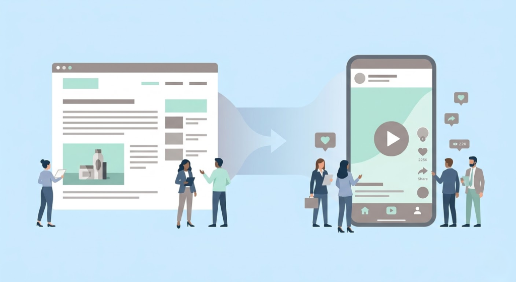 블로그 리뷰와 릴스 숏폼 콘텐츠가 결합되는 체험단 트렌드 변화를 표현한 2D 일러스트.