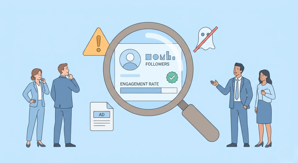 인플루언서 마케팅 시 가짜 팔로워 확인과 광고 표시 의무 등 주의점을 시각화한 2D 일러스트.