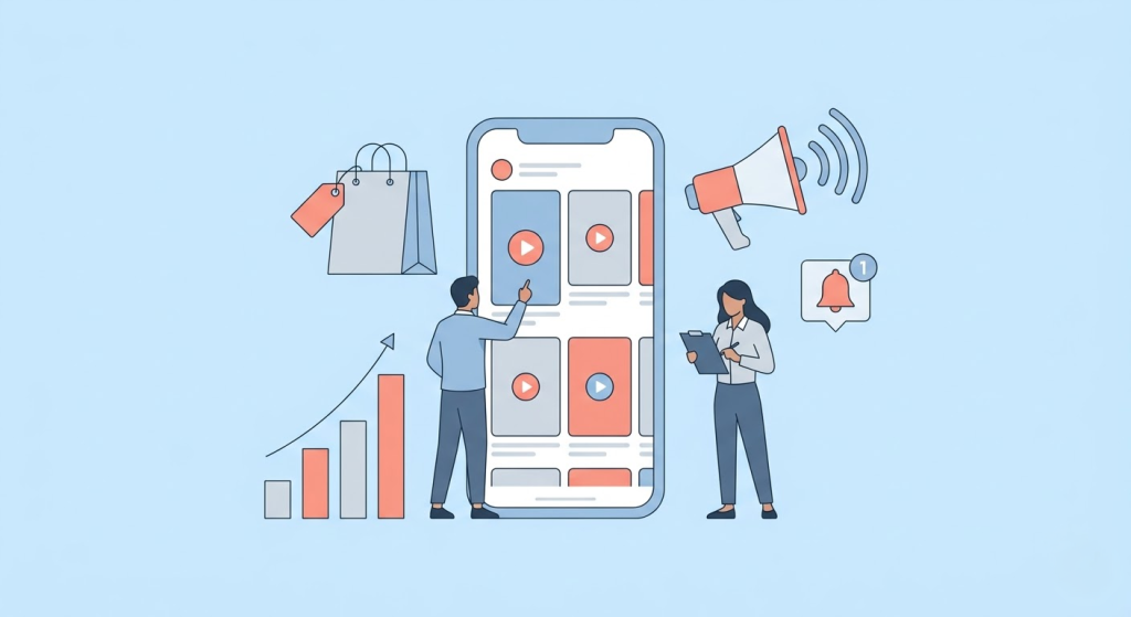 초기 이커머스 브랜드의 SNS 마케팅 5단계 실행 순서를 단계별 아이콘으로 표현한 일러스트.