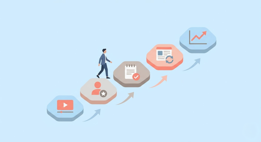 숏폼 콘텐츠 기반 SNS 마케팅 실행 과정을 표현한 2D 일러스트.