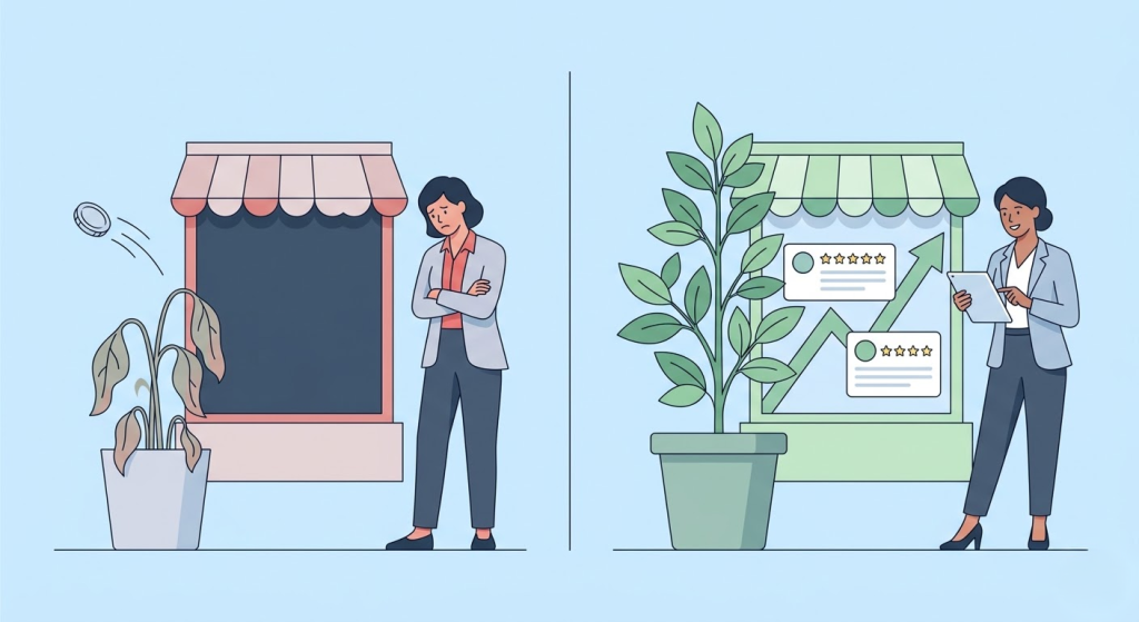 콘텐츠 자산 없이 광고를 집행할 때와 콘텐츠 기반 위에 광고를 얹었을 때의 성과 차이를 비교한 일러스트.