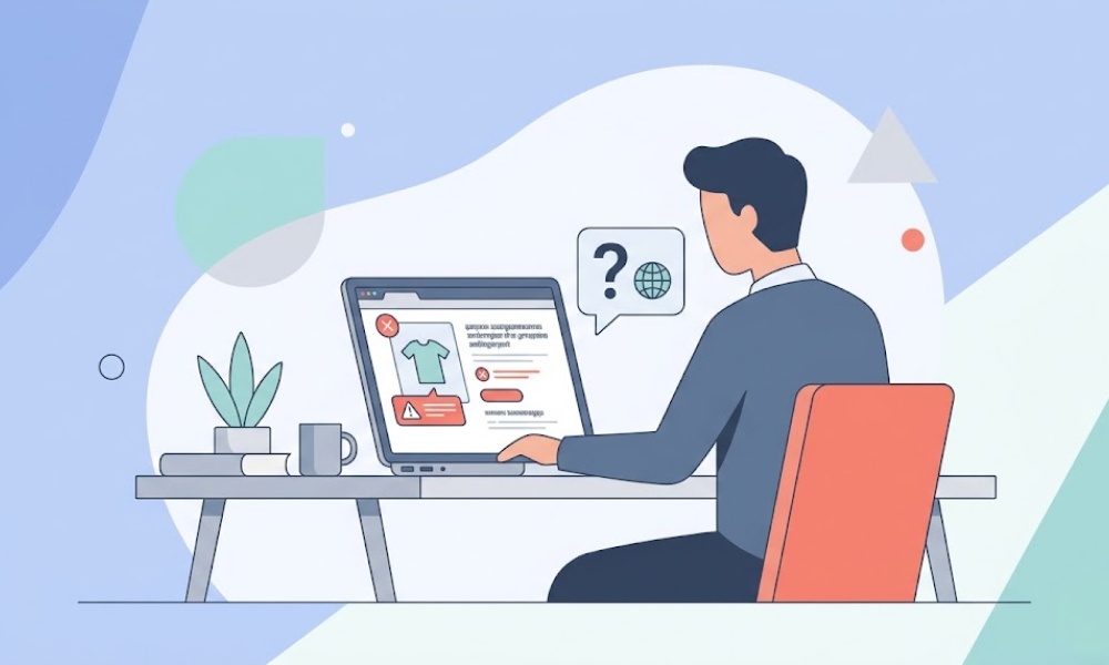 노트북 화면에 표시된 어색한 외국어 상세페이지를 보며 혼란스러워하는 사람의 2D 일러스트