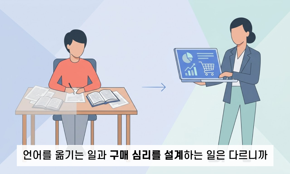 번역 전문가와 커머스 마케터의 역할 차이를 비교하는 2D 일러스트