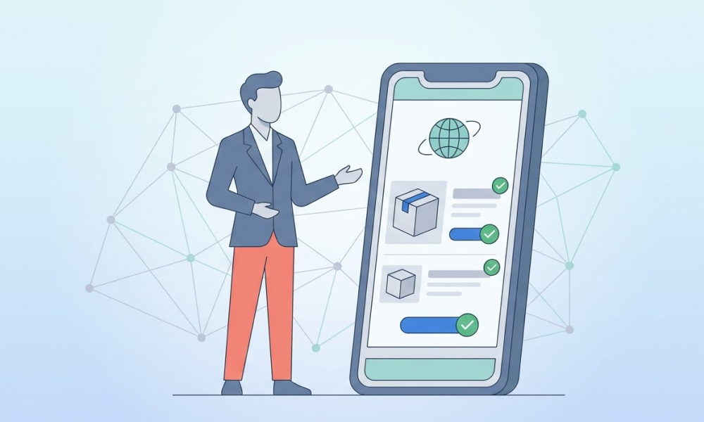 글로벌 이커머스 상세페이지가 표시된 스마트폰 옆에 서 있는 마케팅 전문가 2D 일러스트