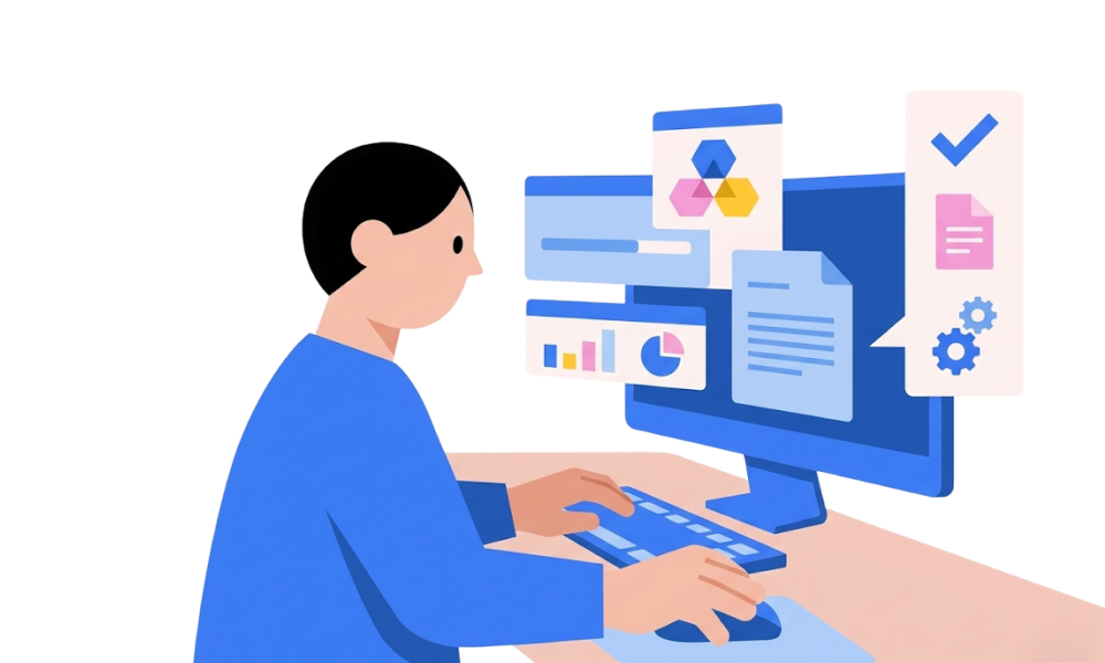 소규모 브랜드임에도 AI로 업무 효율화를 이룬 모습을 묘사하는 일러스트