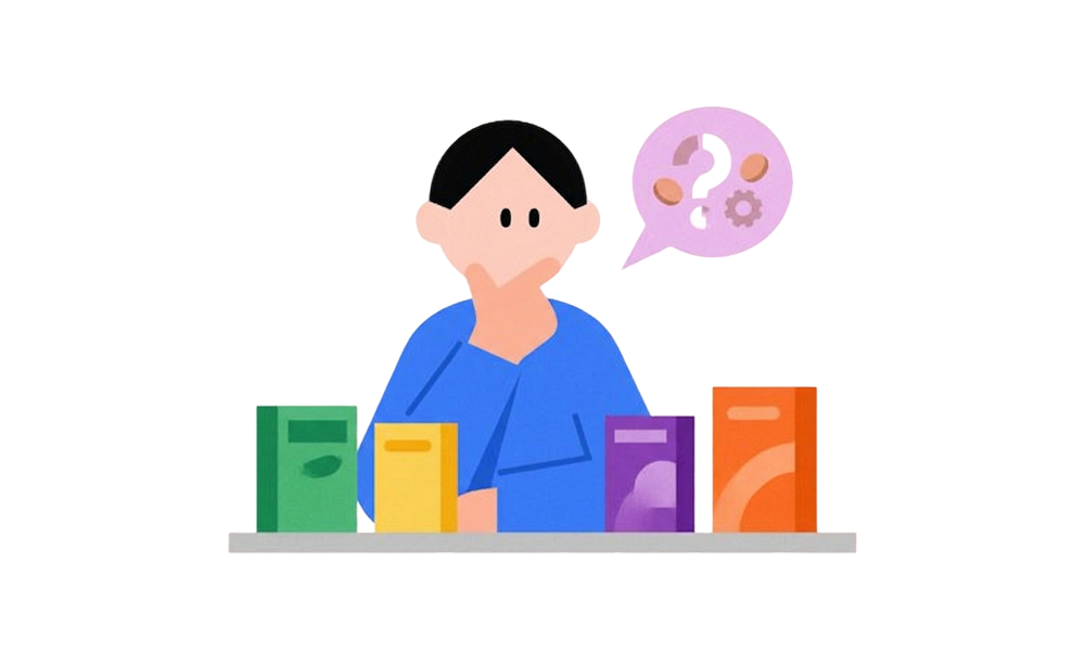 제품개발을 위해 테스트 제품을 두고 고민 중인 예비 대표 모습을 나타내는 일러스트