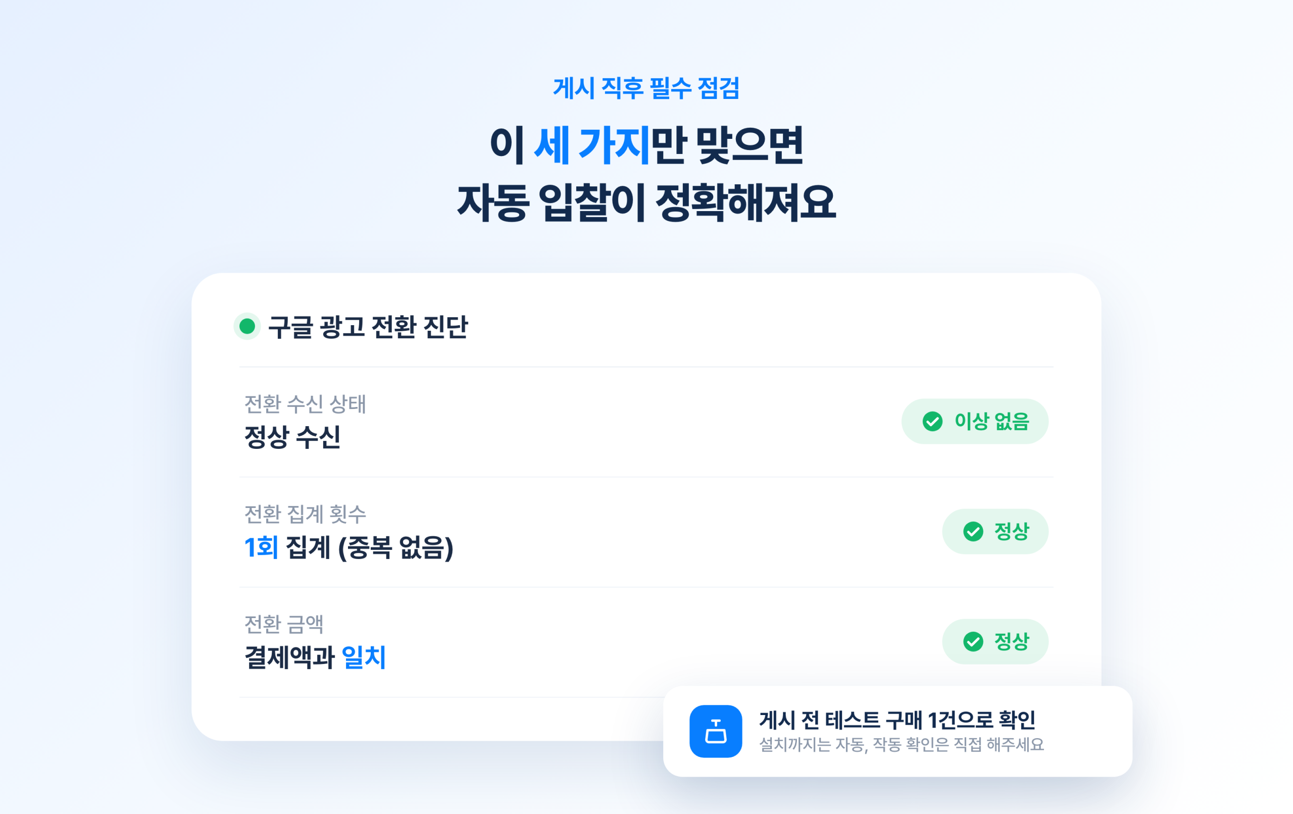 어려웠던 구글 광고 전환 추적, 이젠 클릭 몇 번으로 가능? 게시 직후 확인하는 구글 광고 전환 진단 화면, 전환 수신 정상·1회 집계·결제액 일치