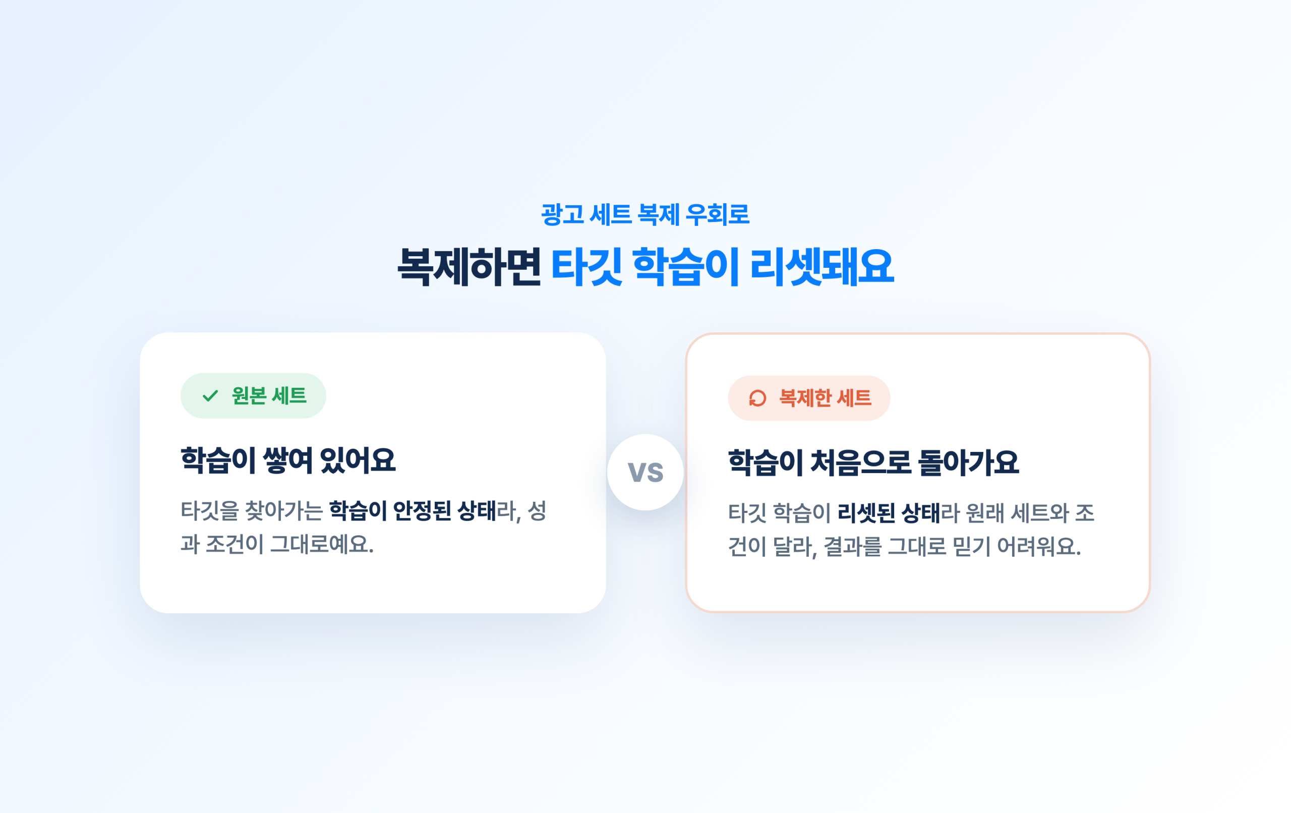 타깃 학습이 쌓인 원본 세트와 학습이 리셋된 복제 세트를 나란히 놓고 비교한 카드