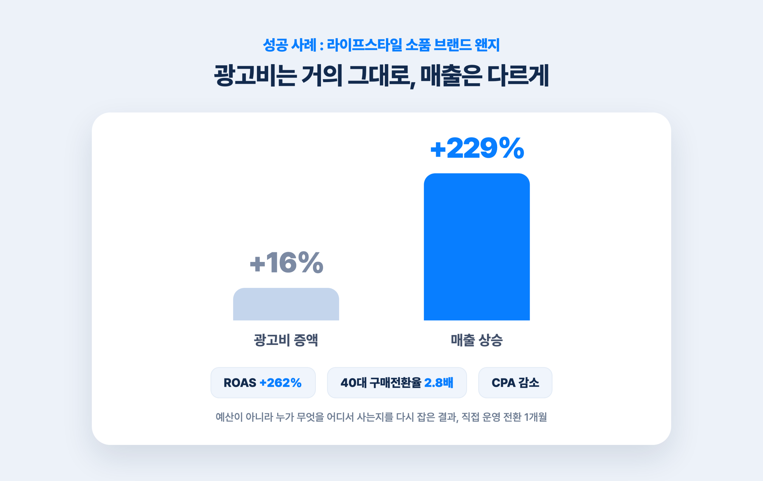 검색광고 vs 메타광고, 우리 브랜드엔 뭐가 맞을까 메타 광고 성공 사례 그래프, 광고비 16% 증액에 매출은 229% 상승