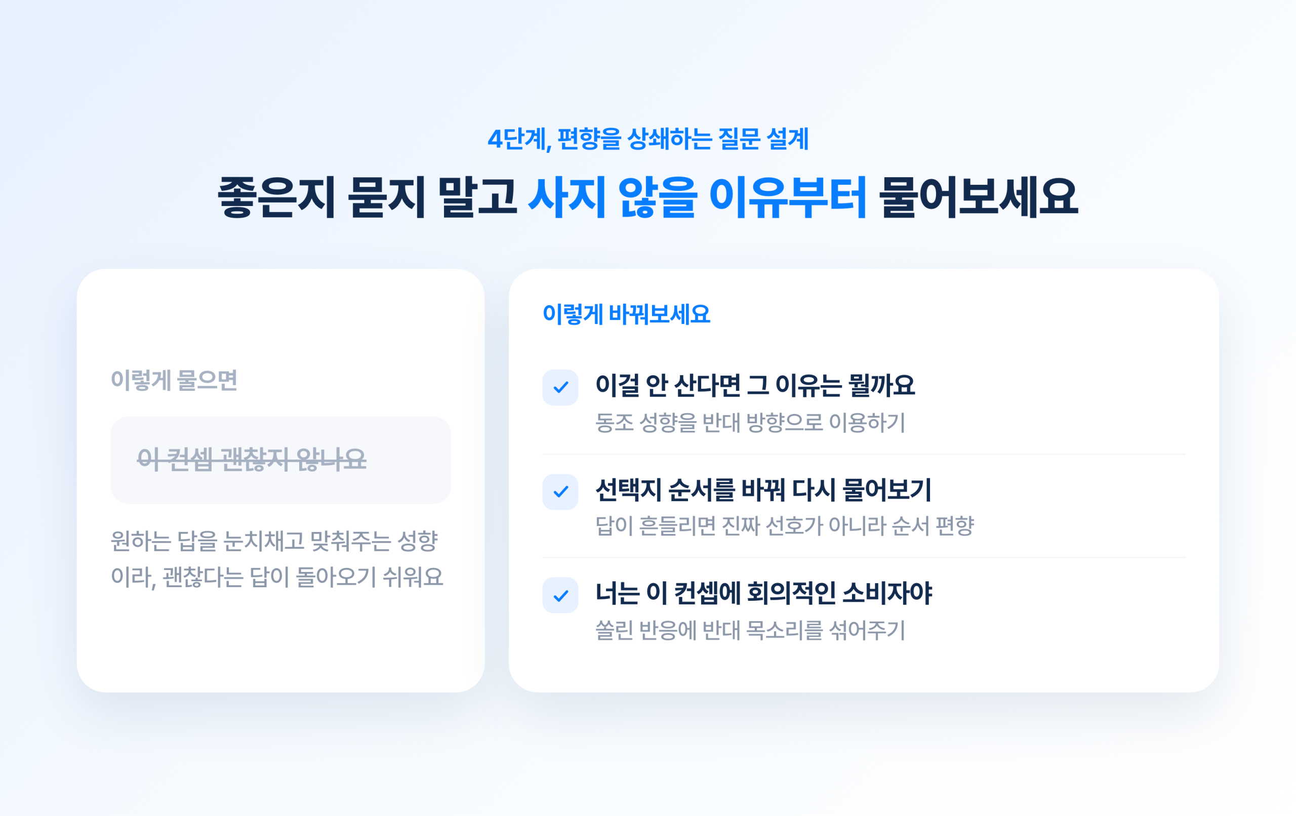 편향을 상쇄하는 질문 설계. 좋은지 묻는 대신 사지 않을 이유와 선택지 순서를 바꿔 다시 묻는 방식