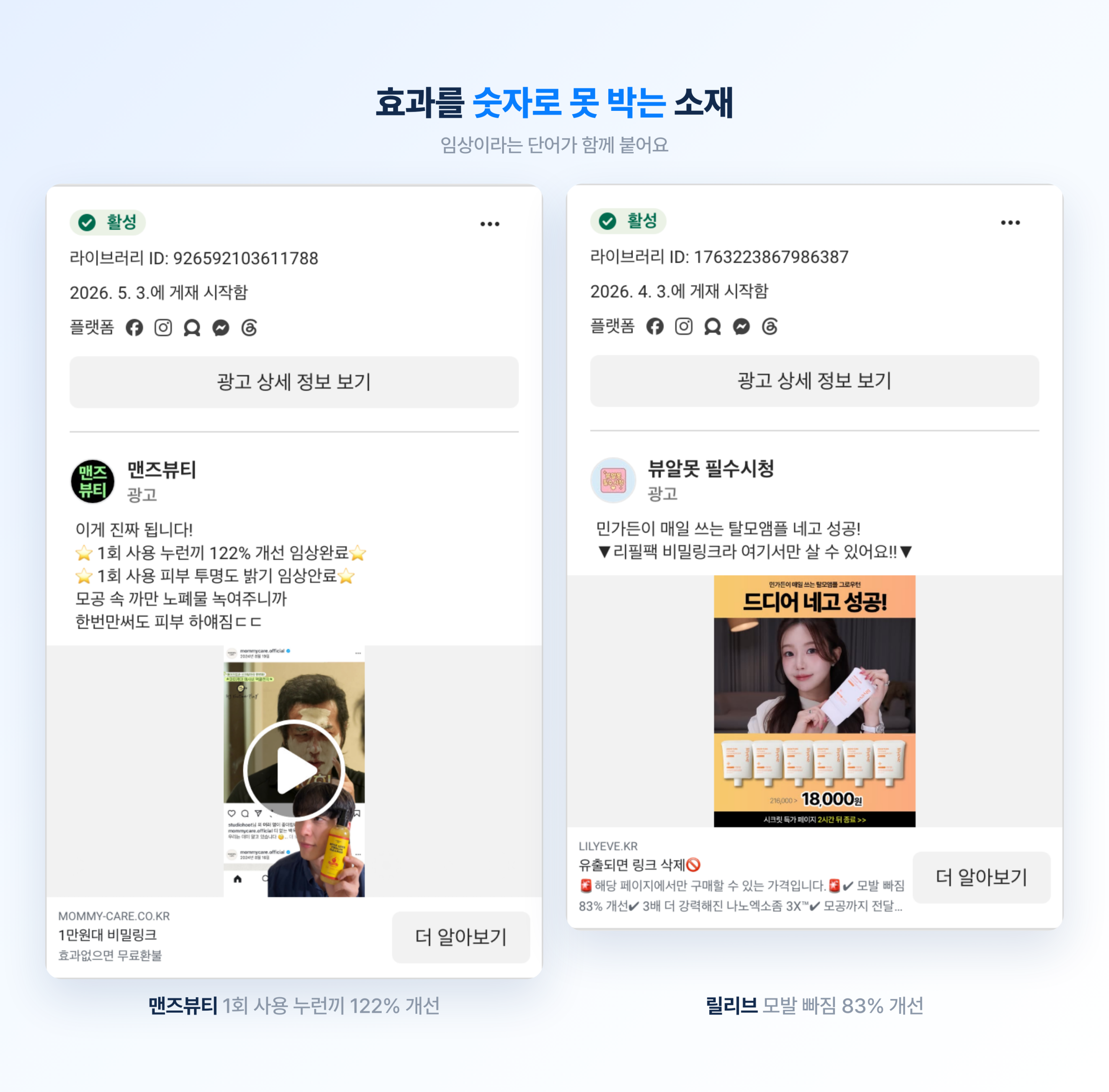 맨즈뷰티와 릴리브의 메타 광고 카드. 1회 사용 개선율과 임상 완료를 앞세운 카피