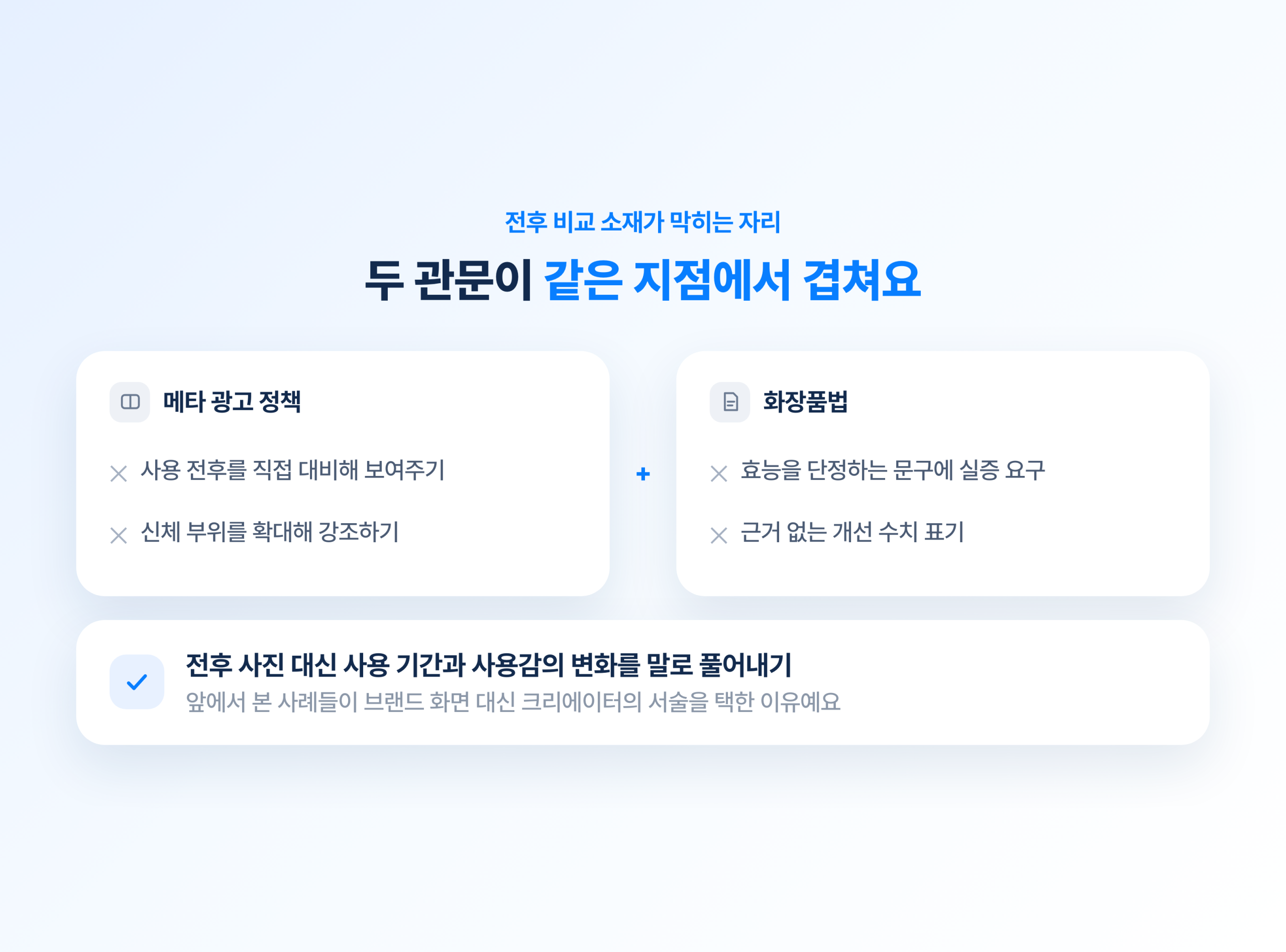 메타 광고 정책과 화장품법이 겹치는 지점. 전후 직접 대비와 신체 부위 확대, 실증 없는 개선 수치가 막히는 자리