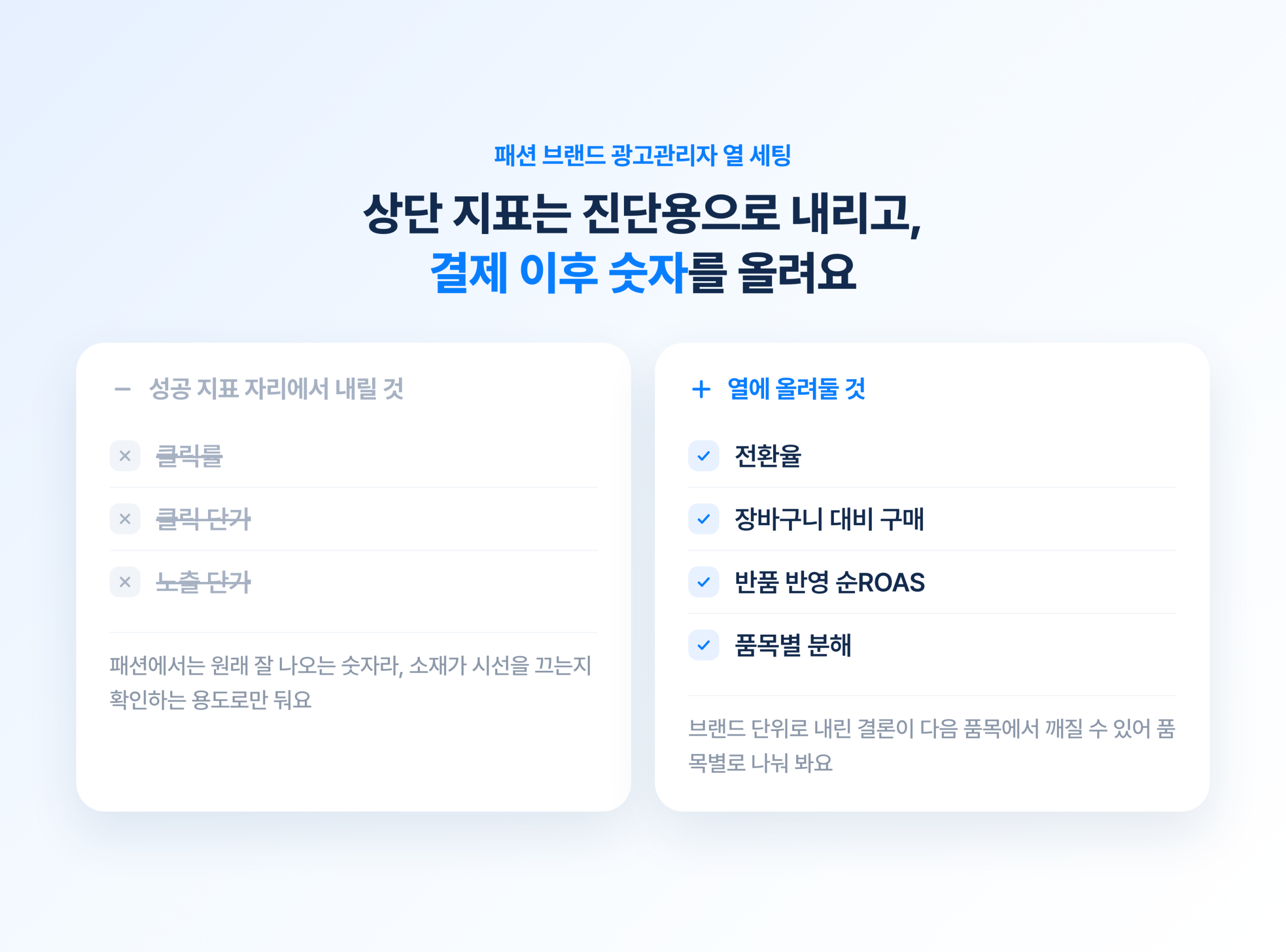 2026 패션 브랜드 메타 광고 트렌드 총정리 패션 브랜드 광고관리자 열 세팅. 성공 지표에서 내릴 클릭률과 클릭 단가, 열에 올려둘 전환율과 순ROAS 비교