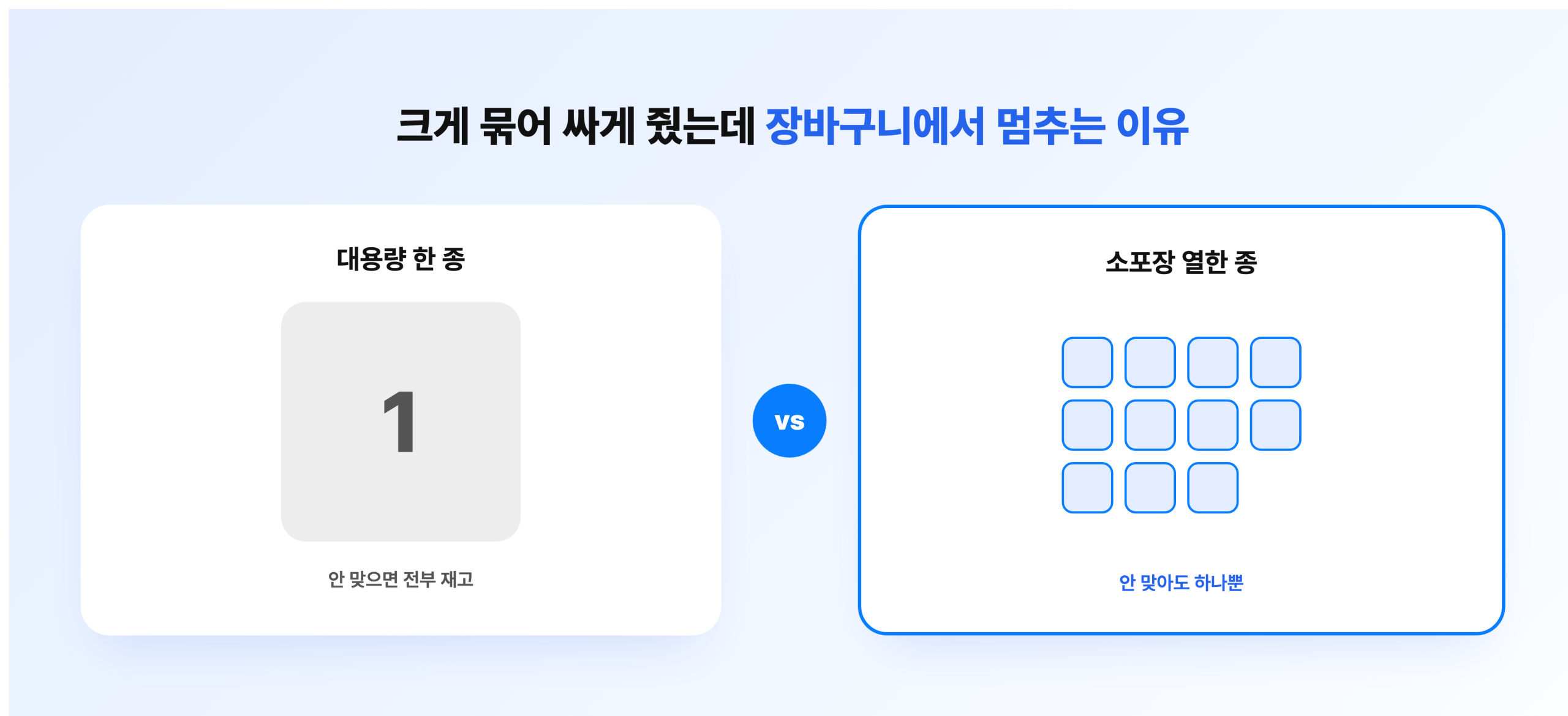 대용량 한 종 구성과 소포장 열한 종 구성을 나란히 놓고 비교한 그림