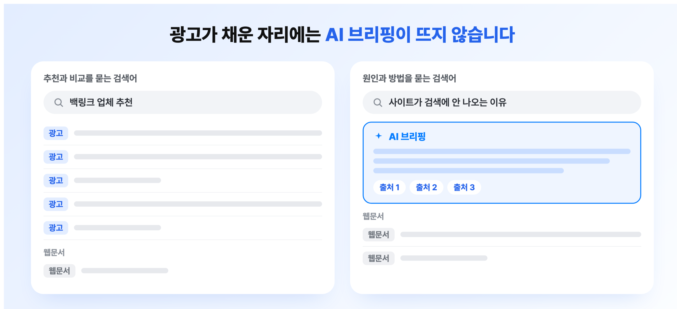 광고가 상단을 채운 검색어 화면과 AI 브리핑이 먼저 뜨는 검색어 화면 비교