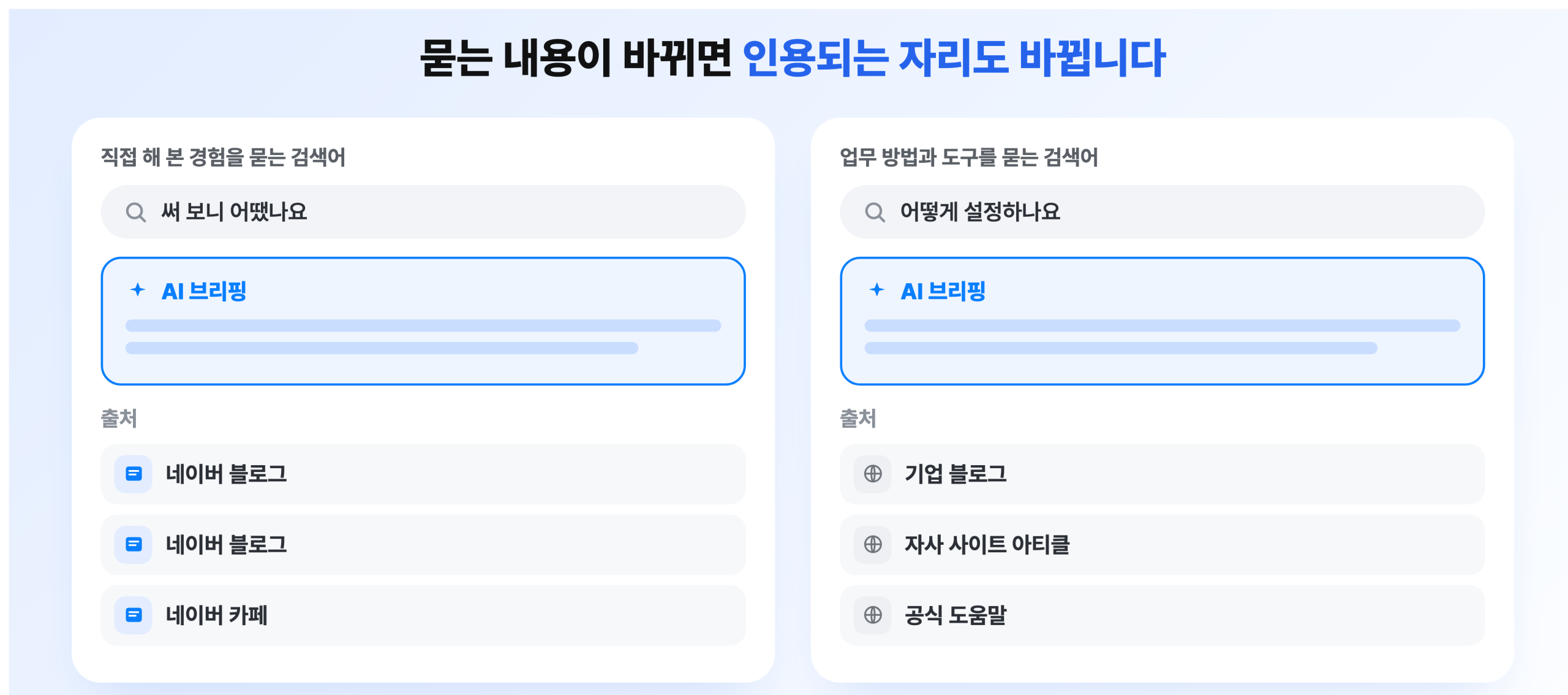 검색어 성격에 따라 AI 브리핑 출처가 네이버 블로그와 외부 사이트로 갈리는 모습