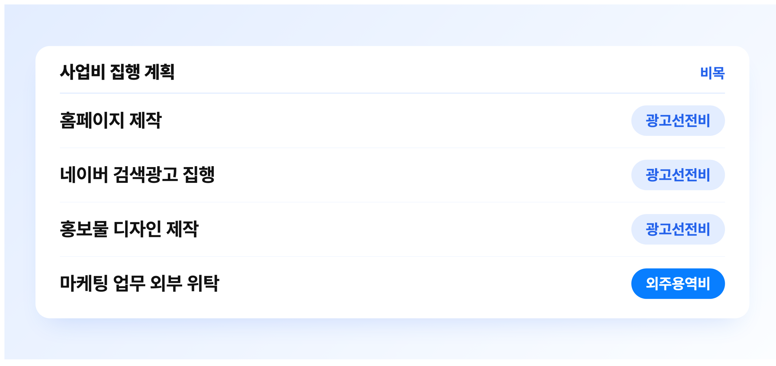 사업비 집행 계획 화면. 홈페이지 제작과 네이버 검색광고 집행과 홍보물 디자인 제작은 광고선전비, 마케팅 업무 외부 위탁은 외주용역비로 잡혀 있다