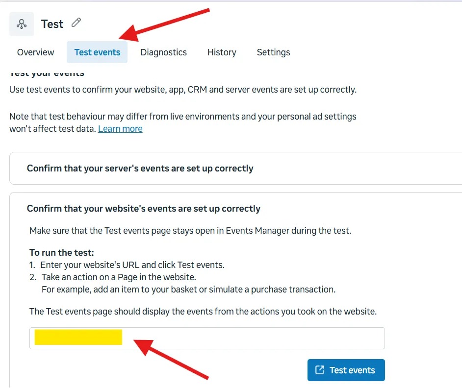 메타 이벤트 관리자 Test events 탭에서 웹사이트 URL을 넣고 이벤트 테스트를 실행하는 위치를 화살표로 표시한 화면